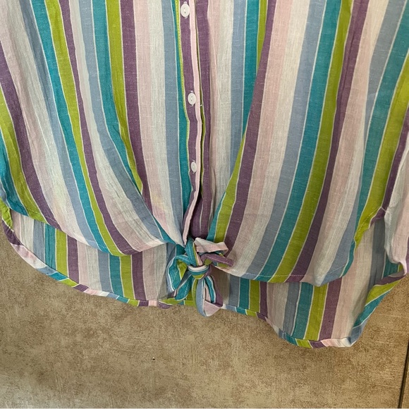 1 Bliss Lane Striped Tie Front Collared Button Front Short Sleeve Top S - Picture 6 of 7